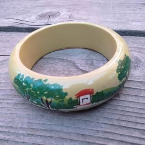 Vintage Painted Bangle Bracelet Nature Trees Lake Yellow Green Red